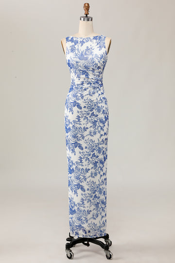 Floral Printed Bodycon White Blue Long Wedding Guest Dress